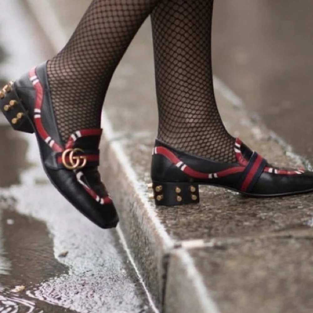 Gucci Women's Yoko Snake Black and Red Leather Loafers - Picture 1 of 8